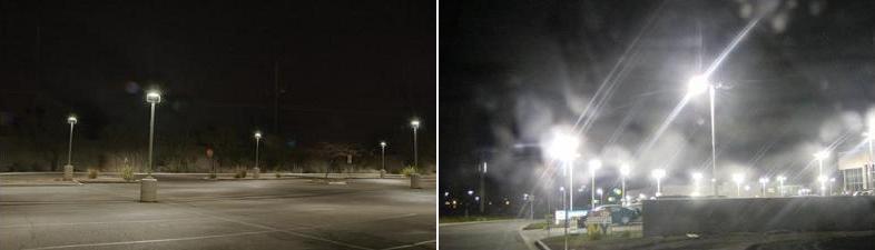 Two parking lots with different glare lighting results.